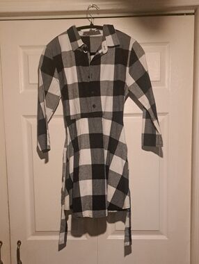 ♠️Black & White Buffalo Plaid Button-Up Tunic Cotton Dress Petit Fit *No Strech